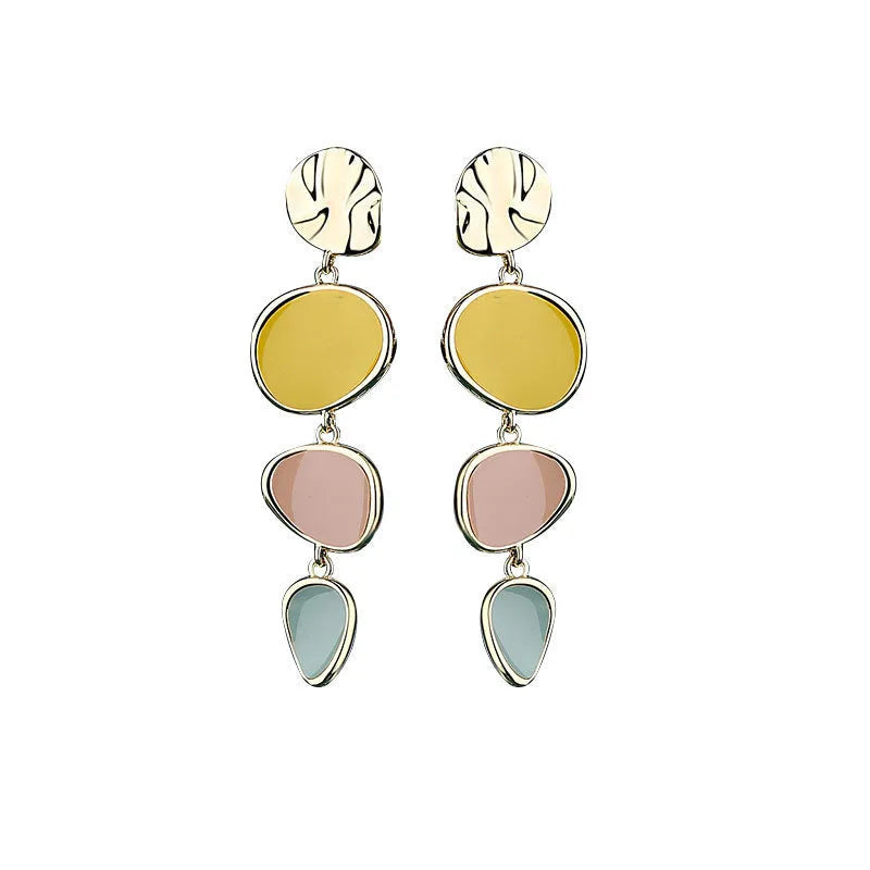 A pair of simple disc-shaped alloy earrings with a Morandi colour oil-drip finish on a sterling silver post.