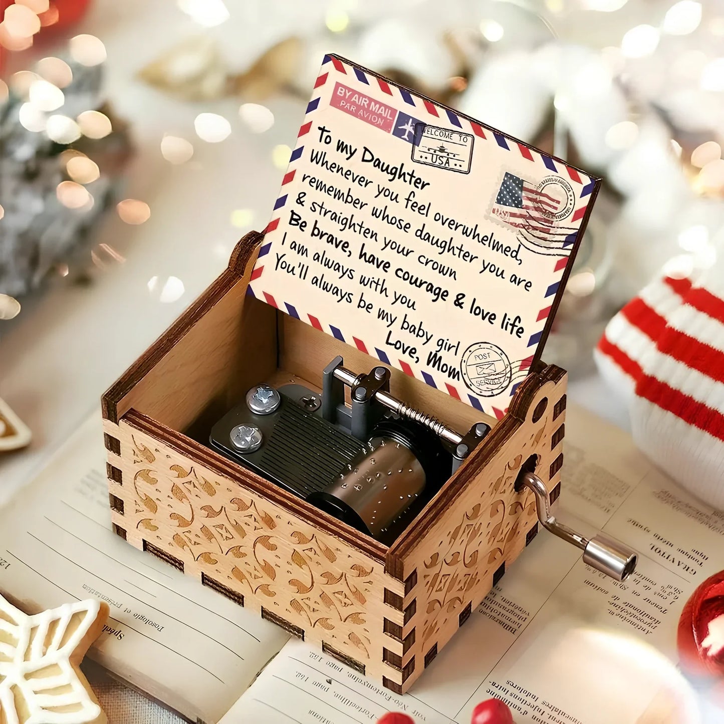 Antique boxwood music box with hand crank and yin carved Spirited Away landscape flowers, 10 cm tall wooden decoration