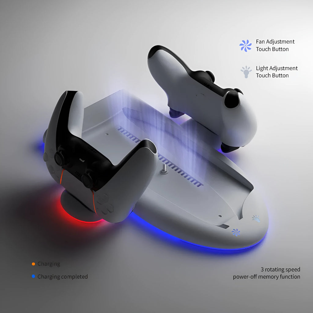 White PS5 Slim charging stand with cooling fan and RGB ambient lights on the base.