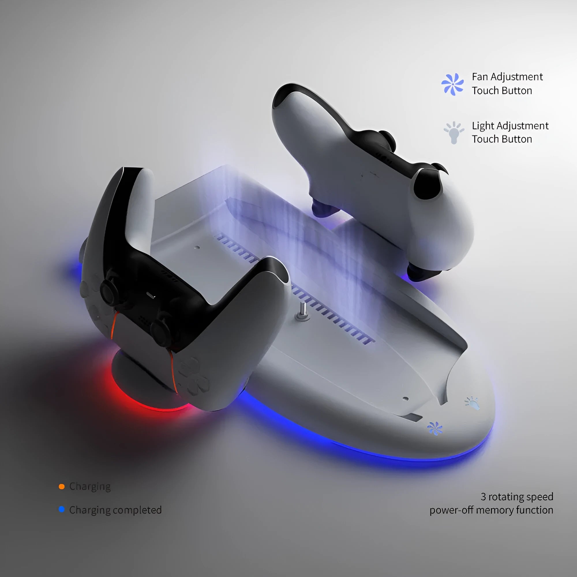 White PS5 Slim charging stand with cooling fan and RGB ambient lights on the base.