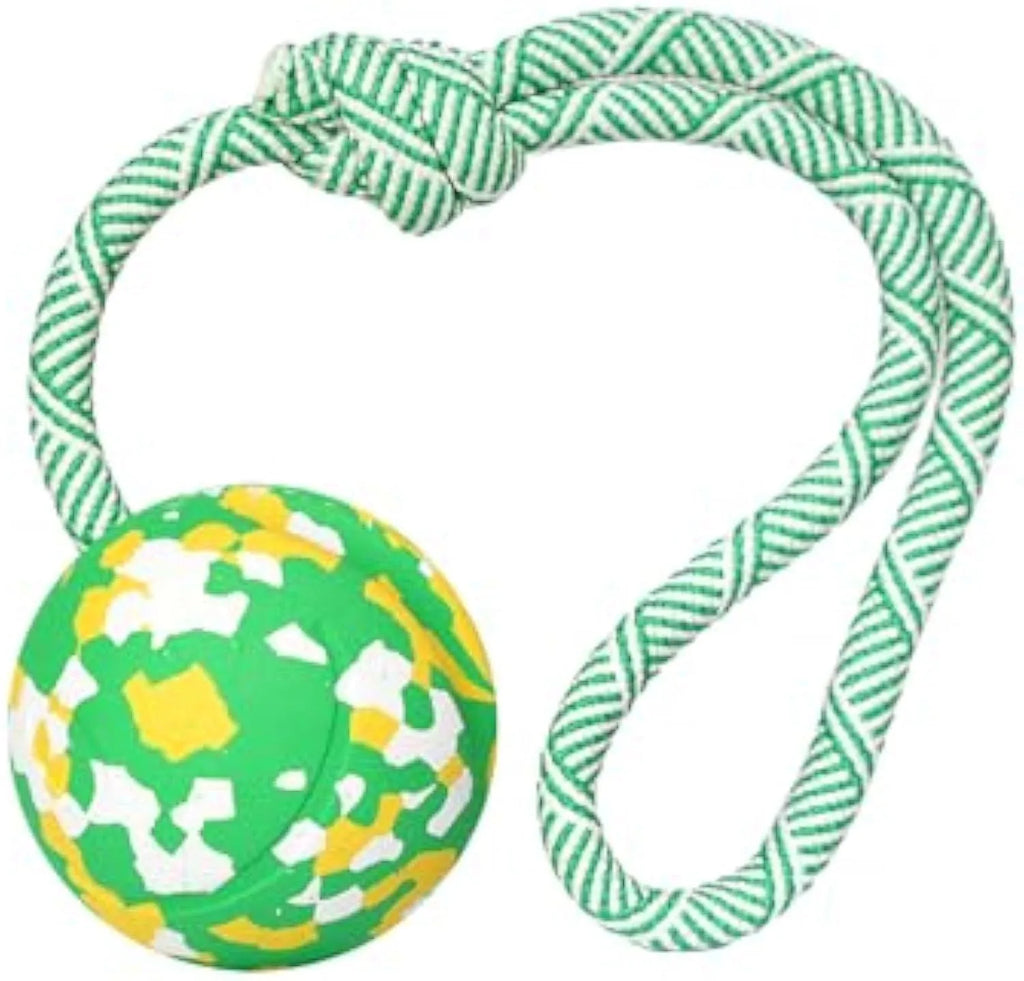 Natural rubber dog ball toy with a blue nylon rope attached for fetch and tug games.