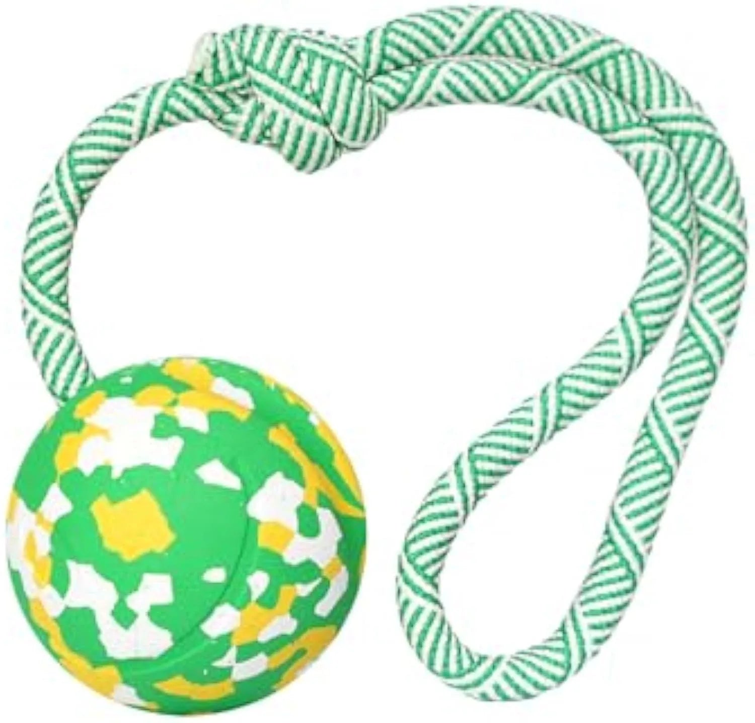 Natural rubber dog ball toy with a blue nylon rope attached for fetch and tug games.