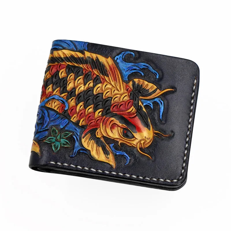 Men's red cow leather short wallet lying open, showing its simple interior and dimensions.