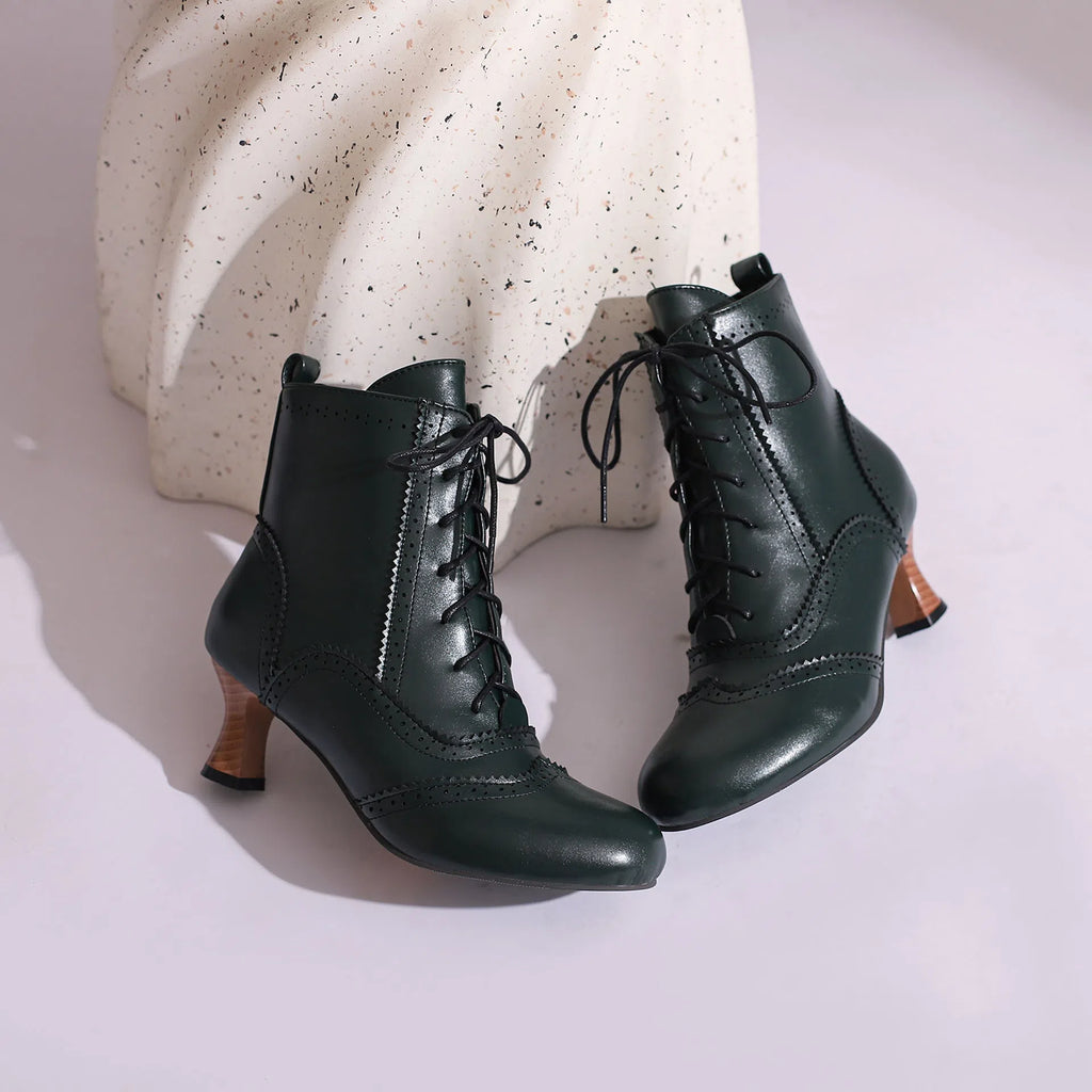 Dopamine Girl short boots mid heel stiletto round toe synthetic PU black white red dark brown dark green light purple