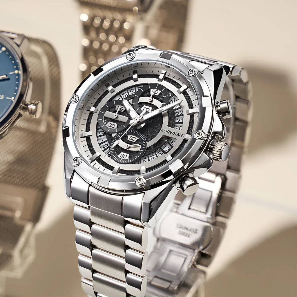 Men's waterproof luminous casual quartz watch with steel band in three colourway options.