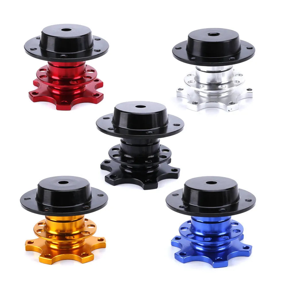 Car steering wheel quick release adapter device shown in multiple colour options