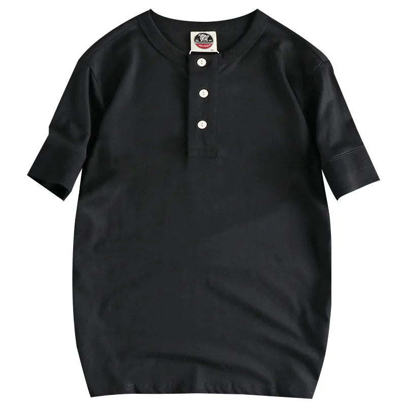 Men's combed cotton Henry collar short sleeve t-shirt in solid colour with cuffed wide-brimmed sleeves, straight fit, retro washed finish