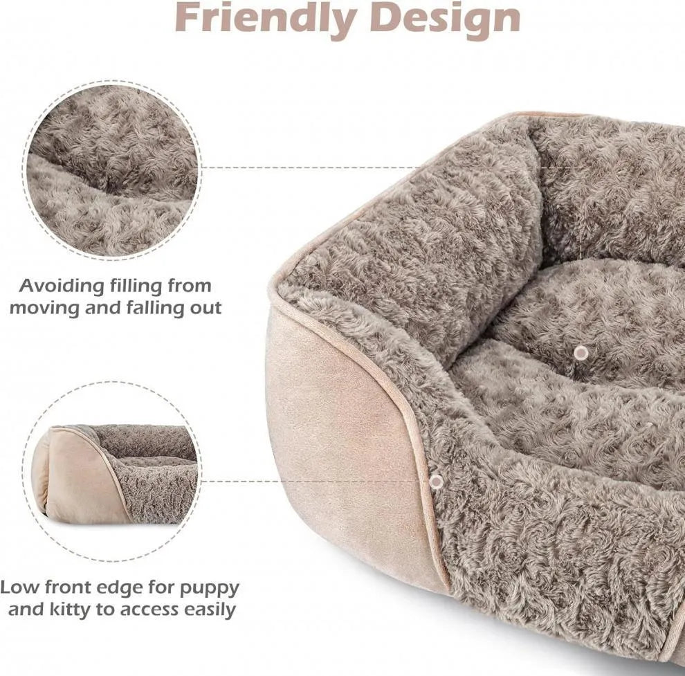 Grey stuffed fabric kennel dog bed for large dogs on a wooden floor