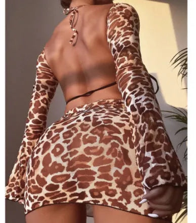 Women's leopard print bikini swimsuit set with separate skirt and panties