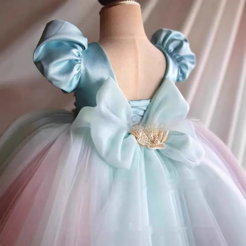 Sky blue girls FARCENT princess dress with bubble pettiskirt on child model showing full skirt shape