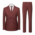 Men's slim fit striped double-breasted suit jacket and trousers on a hanger