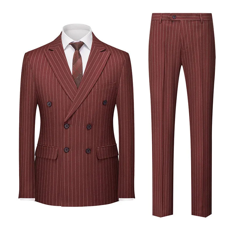 Men's slim fit striped double-breasted suit jacket and trousers on a hanger