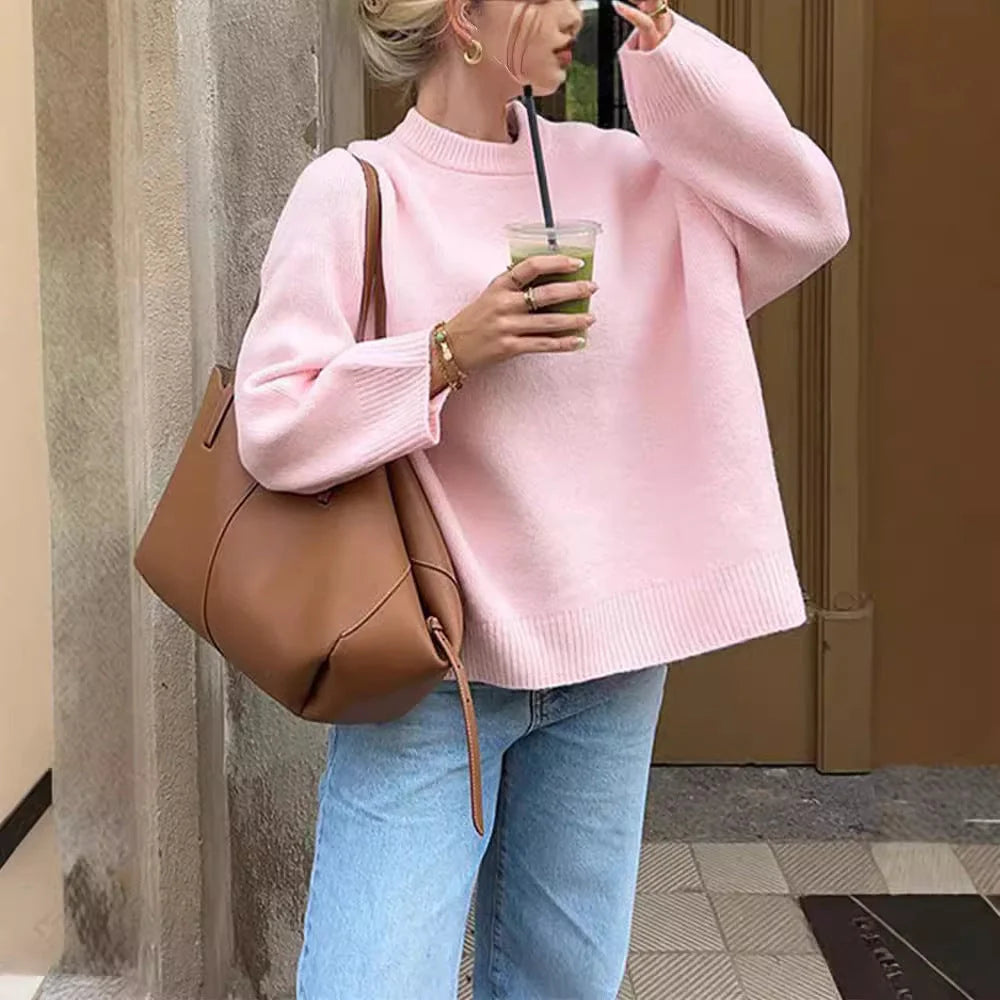 Sweet crew neck pullover sweater for women in pink, loose fit, long sleeves