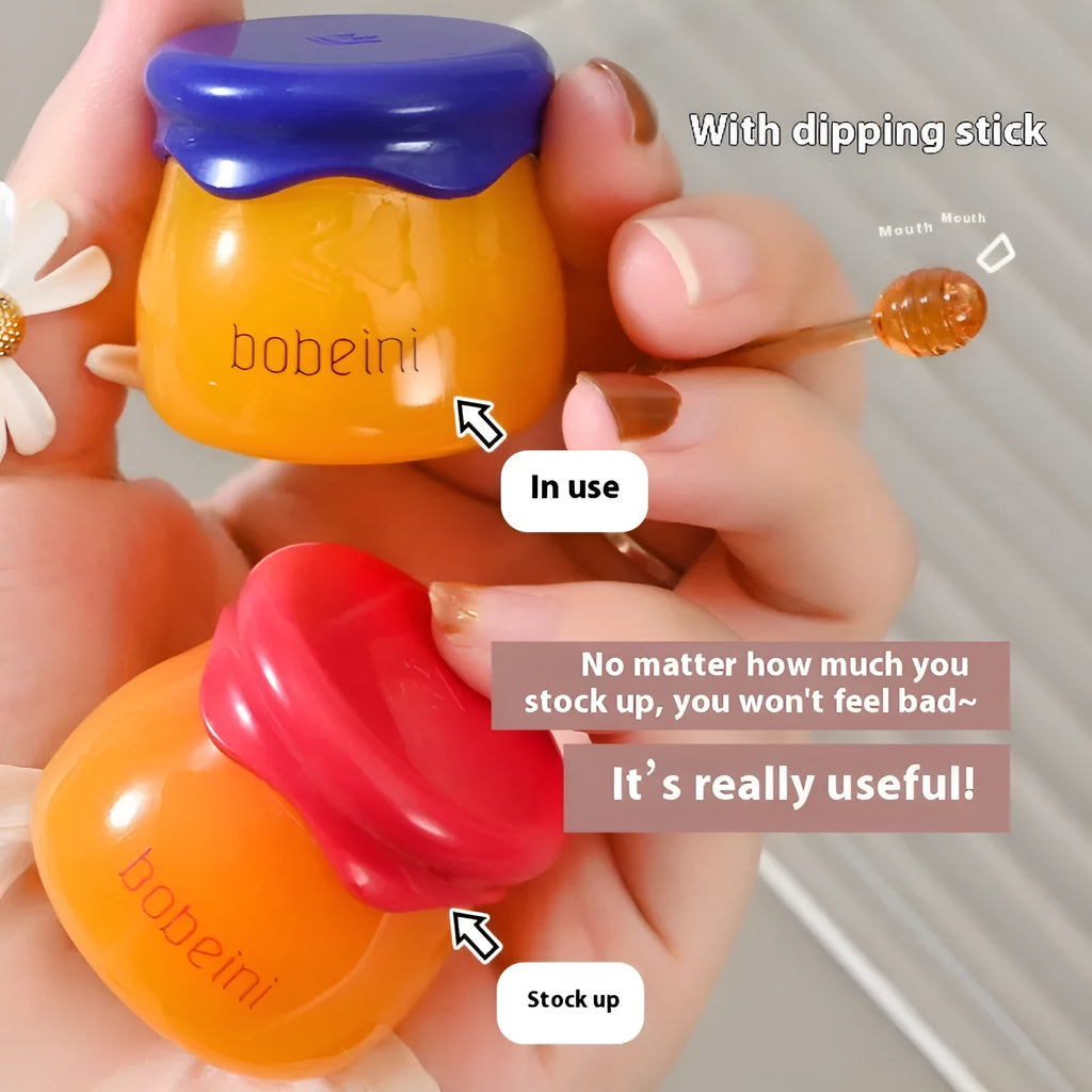 Honey pot lip balm with small brush applicator in pomegranate or blueberry flavour options