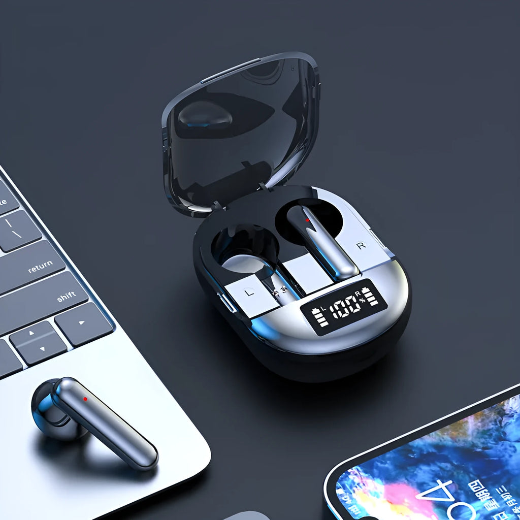 Black and white wireless Bluetooth earbuds with digital display charging case.