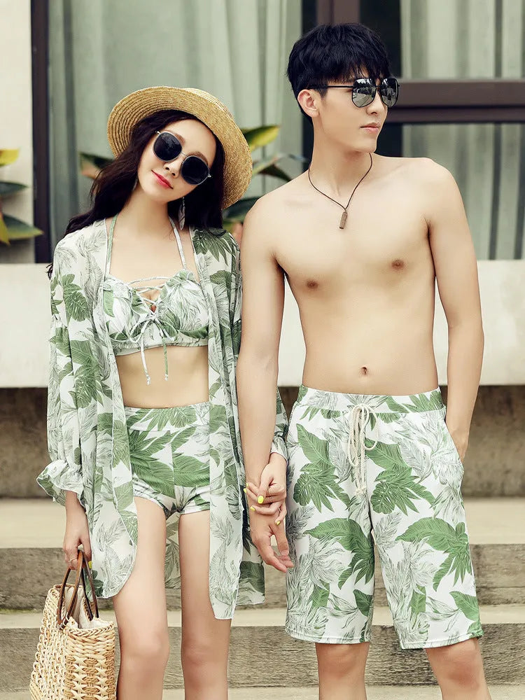 Green flower print men's and women's couple's matching bikini suit and beach pants swimsuit polyester spandex