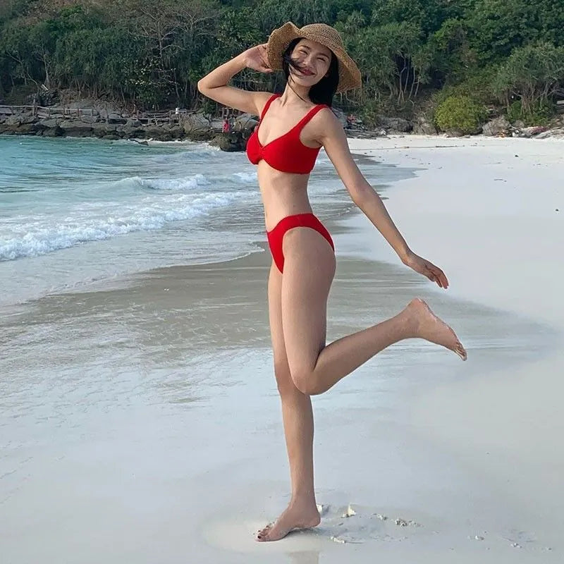 Red simple split bikini swimsuit for women, polyester fibre, sleeveless, front view