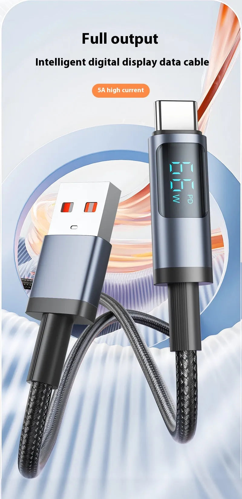 Phone fast charge data cable woven black digital display 1.2m Lightning Type-C 66W