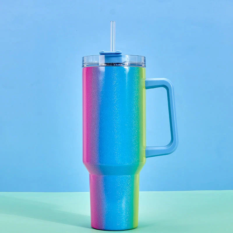 Double-layer stainless steel vacuum insulation cup in various colours, perfect for keeping drinks hot or cold.