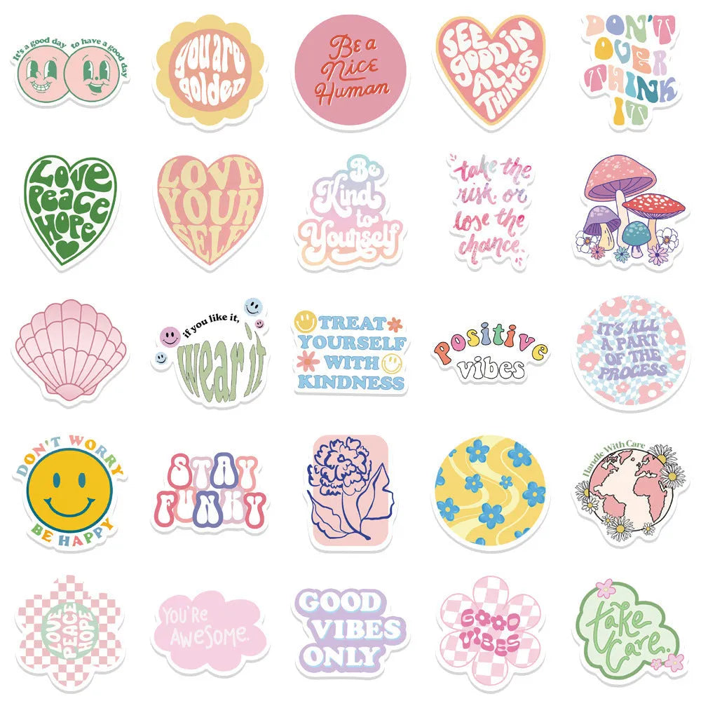 Danish pink motivational stickers with graffiti cartoon designs, size 4-6cm, pack of 50.