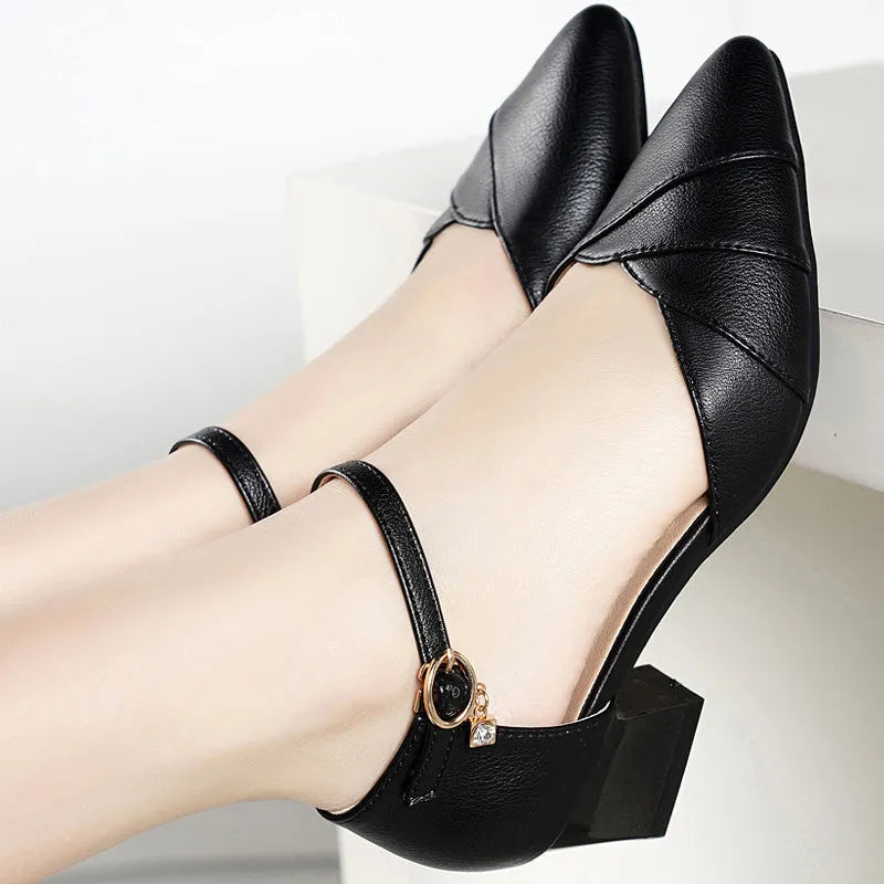 Women's high heel sandals with buckle closure in apricot or black with 4cm or 7cm heel options