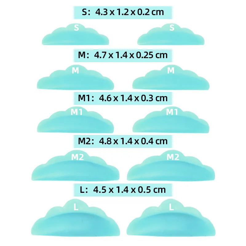 Five pairs of silicone gaskets for eyelash planting in blue, green, pink, rose red, and transparent