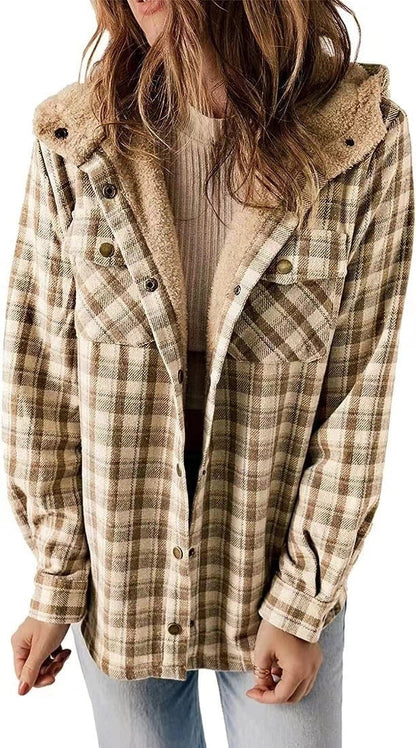 Casual plaid hooded woolen coat with fleece lining in various colours