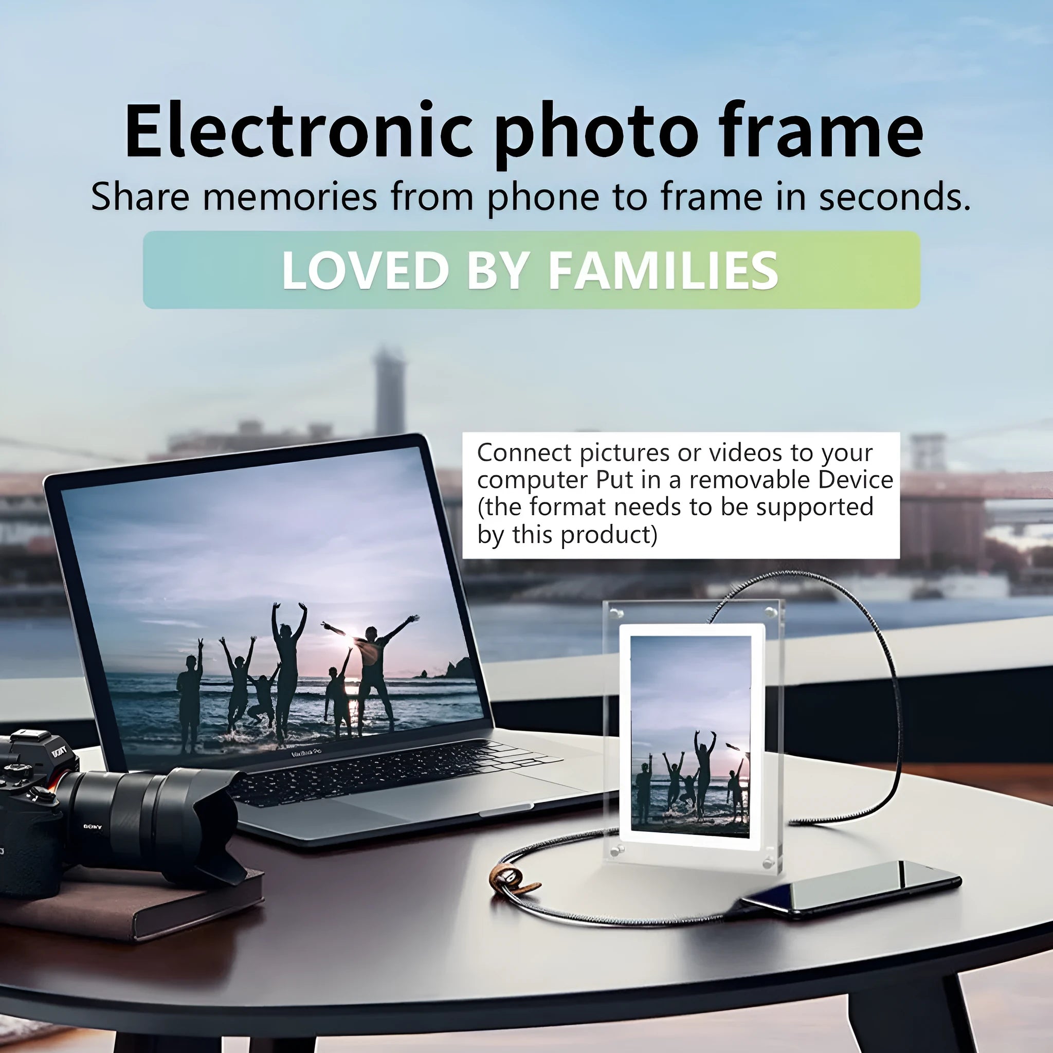 Digital photo frame displaying a picture on an IPS LCD screen with clock and calendar visible, black frame