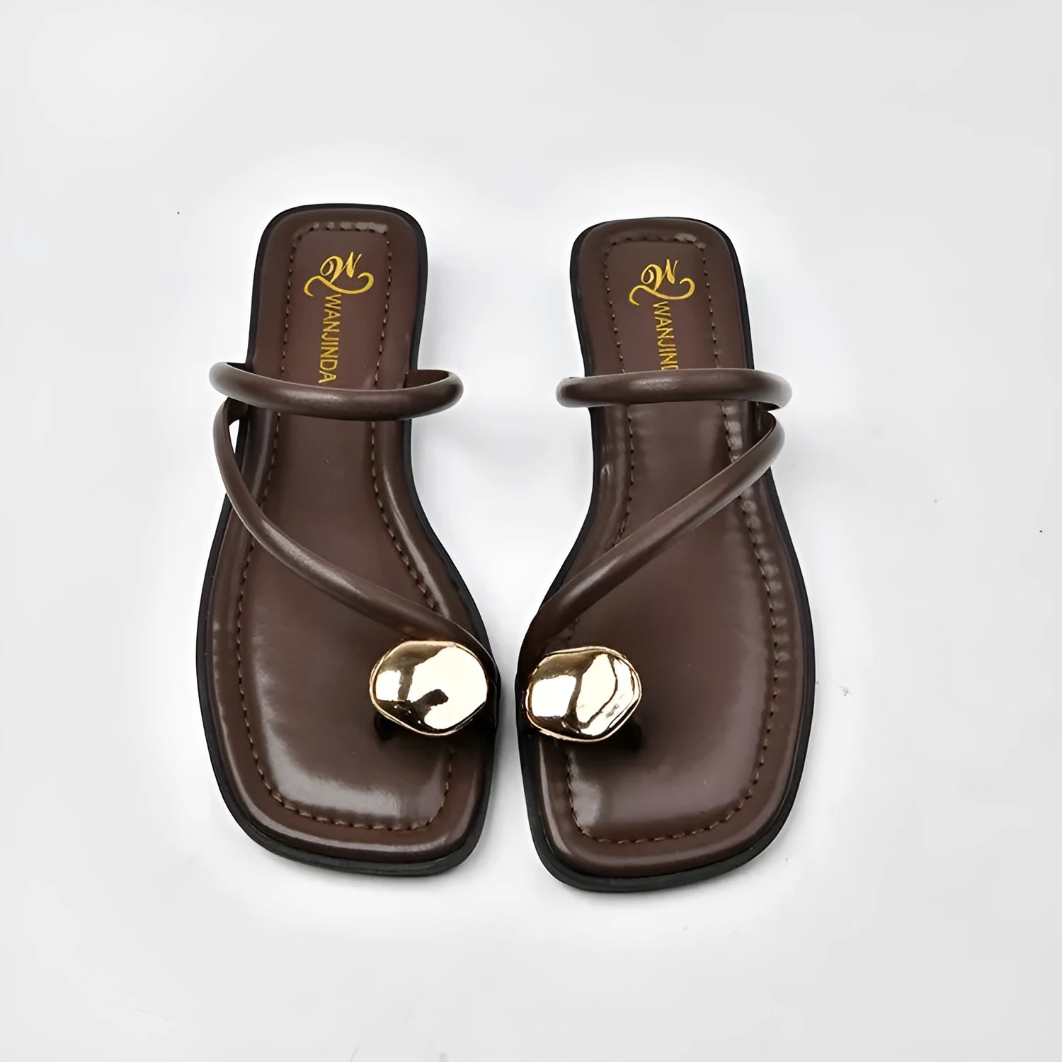 French style women's flat sandals with metal toe covering in Beige White, artificial PU upper, rubber sole
