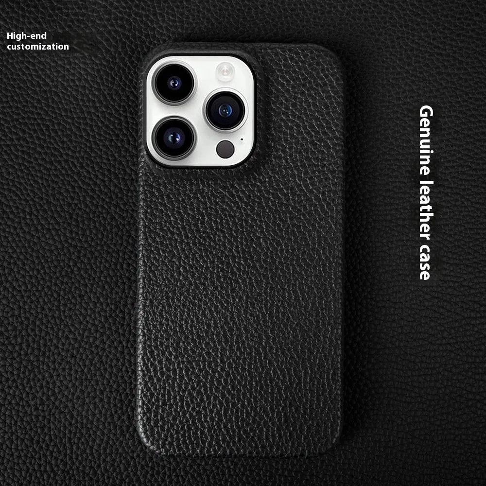 Genuine leather half pack phone case for iPhone 16 in orange with anti-fingerprint finish