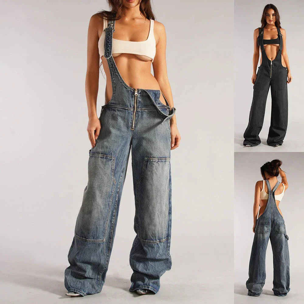 Trendy denim overalls with pockets, featuring a unique Y2K-inspired design, micro-elastic fit, and convenient layout for a stylish and comfortable streetwear look.