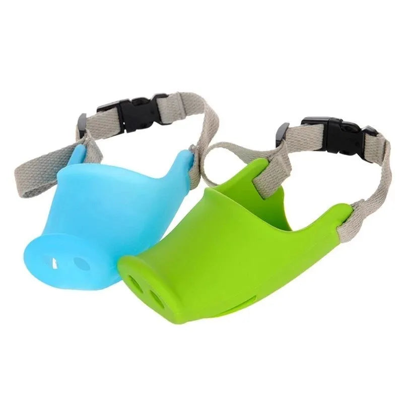 Blue silicone dog anti-bite mouth cover showing measurements for large and small sizing options