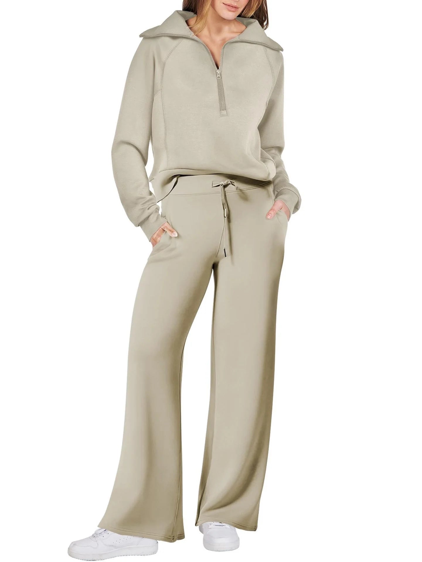 Women's leisure sports suit with long-sleeve zipper sweatshirt and wide leg pants in various colours
