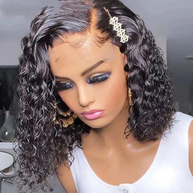10A short Brazilian lace front bob wig with curly human hair and natural-looking hairline