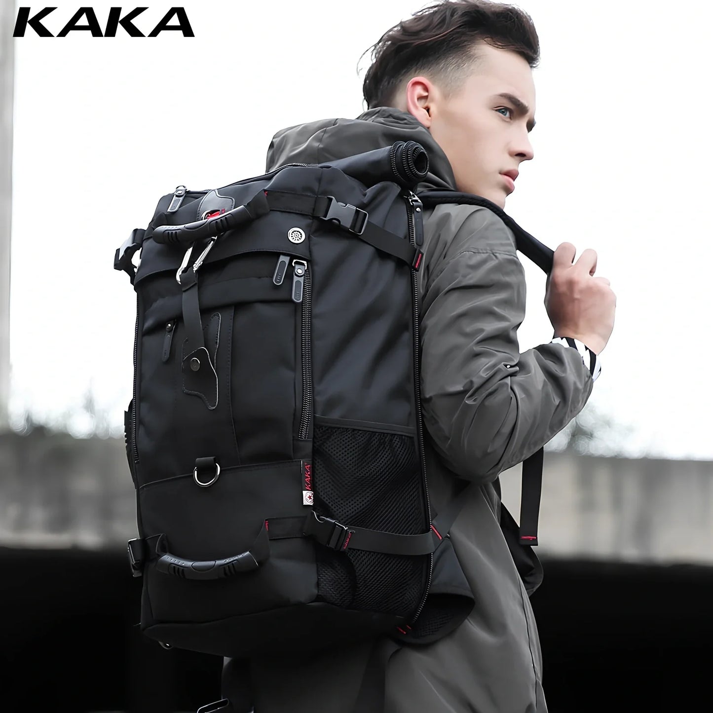 Multifunctional travel bag with multiple compartments in black, green, or blue colours showing 40L and 50L size options