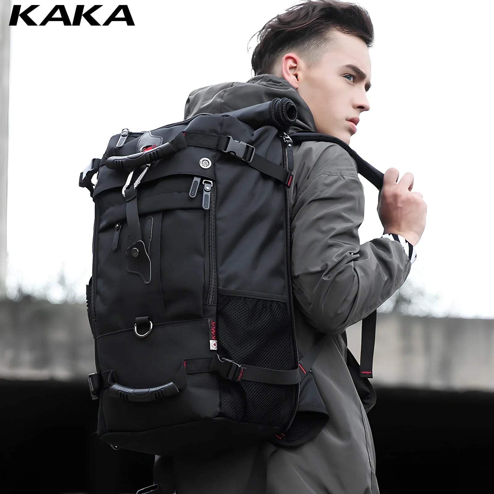 Multifunctional travel bag with multiple compartments in black, green, or blue colours showing 40L and 50L size options