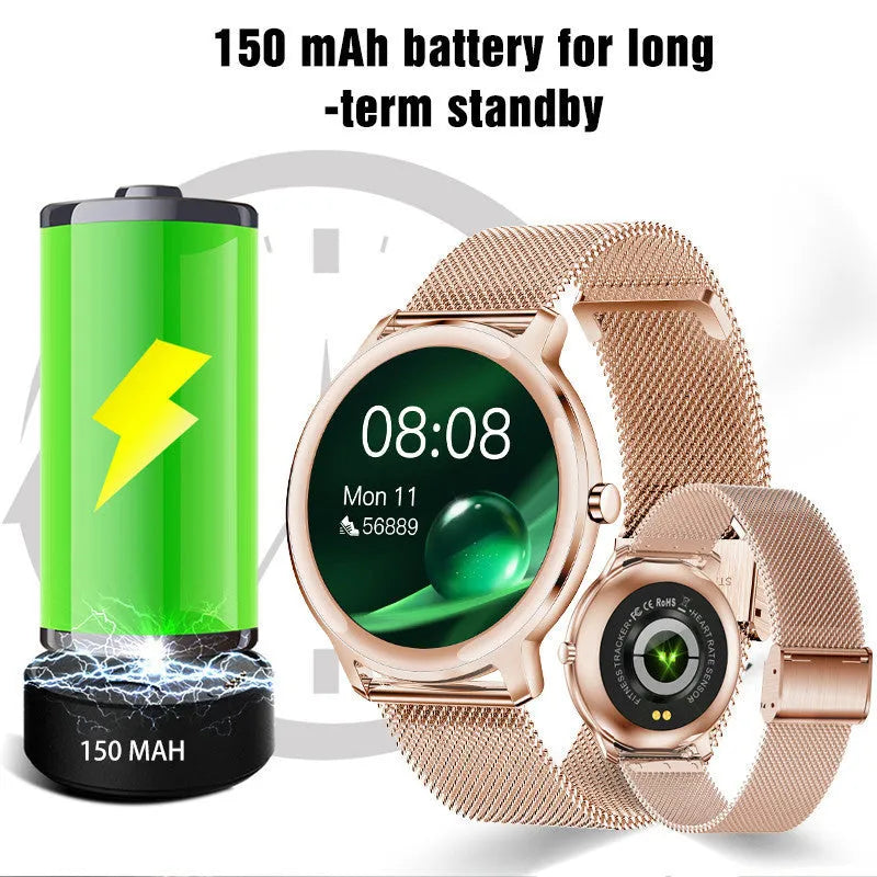 Women's smart watch with stainless steel band and 1.3-inch touch screen display showing watch face
