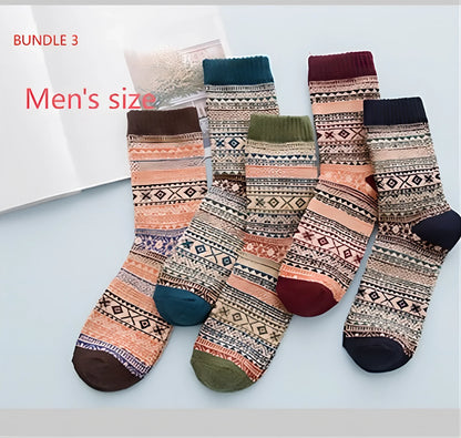 Pack of 5 thick stripe wool blend socks in various colours, featuring 15% rabbit hair for winter warmth, fitting sizes 39-42