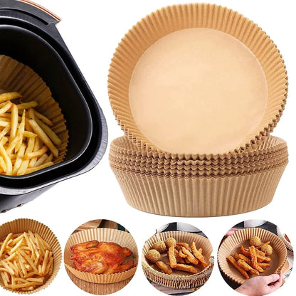 Premium disposable air fryer liners made of heat-resistant parchment paper, designed to keep your appliance clean and make cooking mess-free.