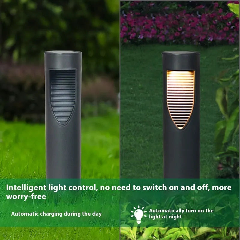 Black solar garden light with geometric design and IP44 waterproof rating for outdoor decoration