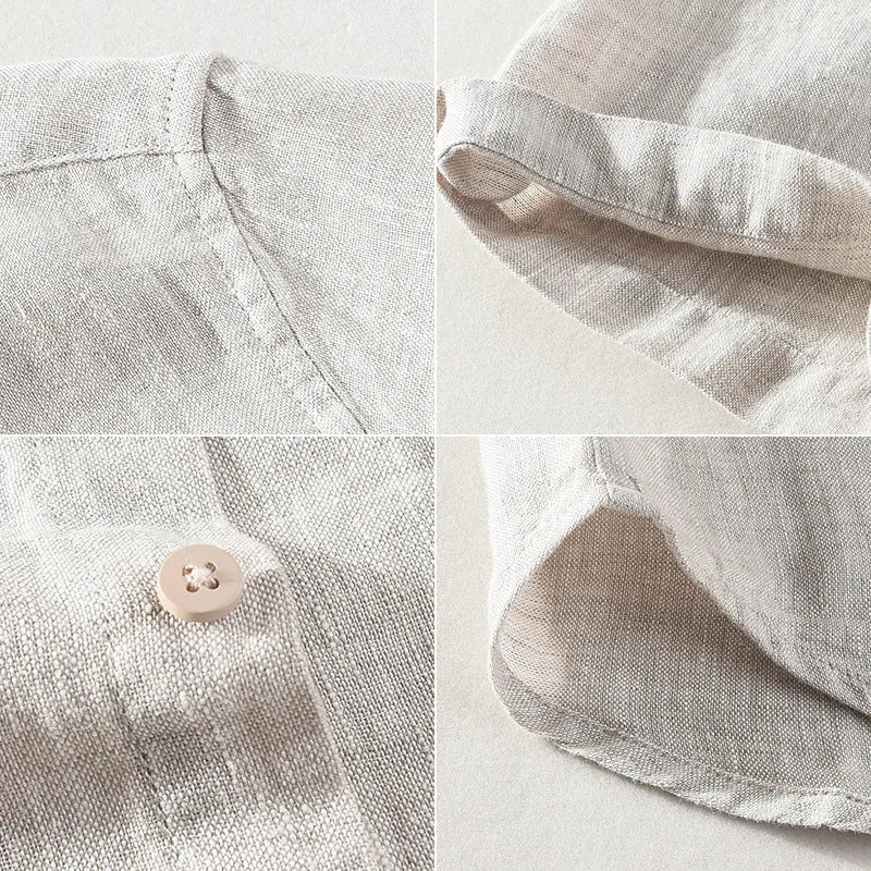 Men's short sleeve linen shirt with square collar in raw jute colour, laid flat.