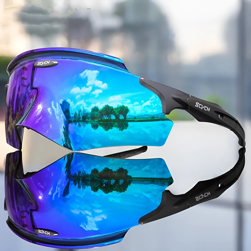 Frameless windproof sports goggles with a colourful integrated lens for cycling and running.