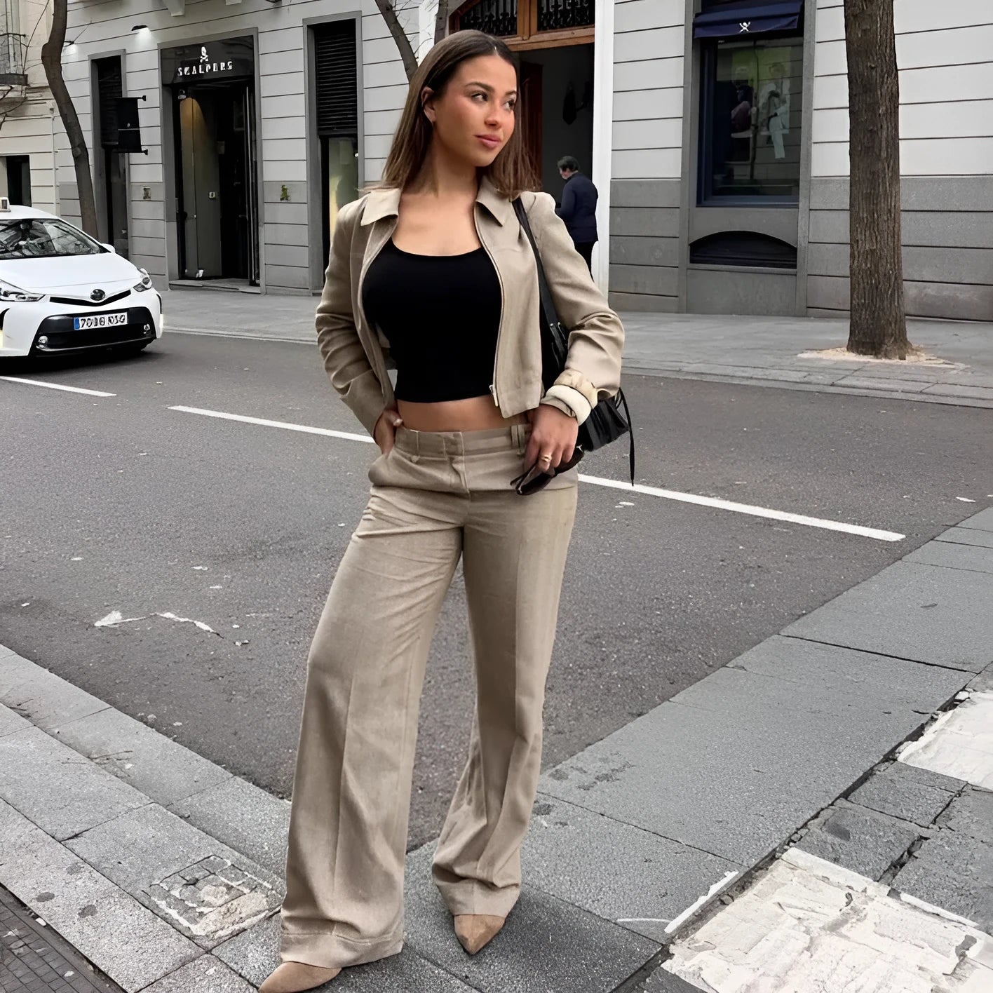 Women's herringbone pattern summer suit set with 3D embroidery on jacket and trousers