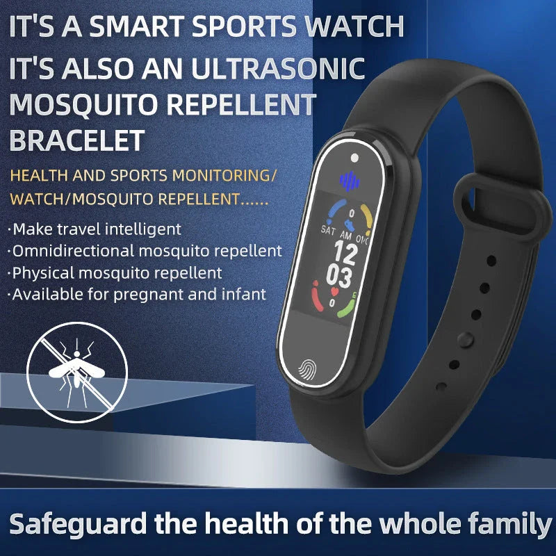 USB rechargeable mosquito repellent bracelet in black and white, perfect for outdoor protection.