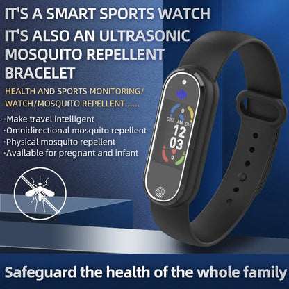 USB rechargeable mosquito repellent bracelet in black and white, perfect for outdoor protection.