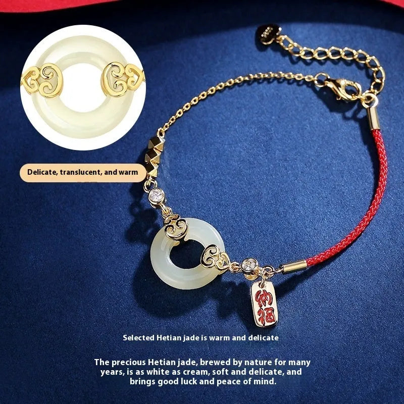 Hetian Jade gourd bracelet, Fu character necklace, and earrings set in 925 sterling silver.