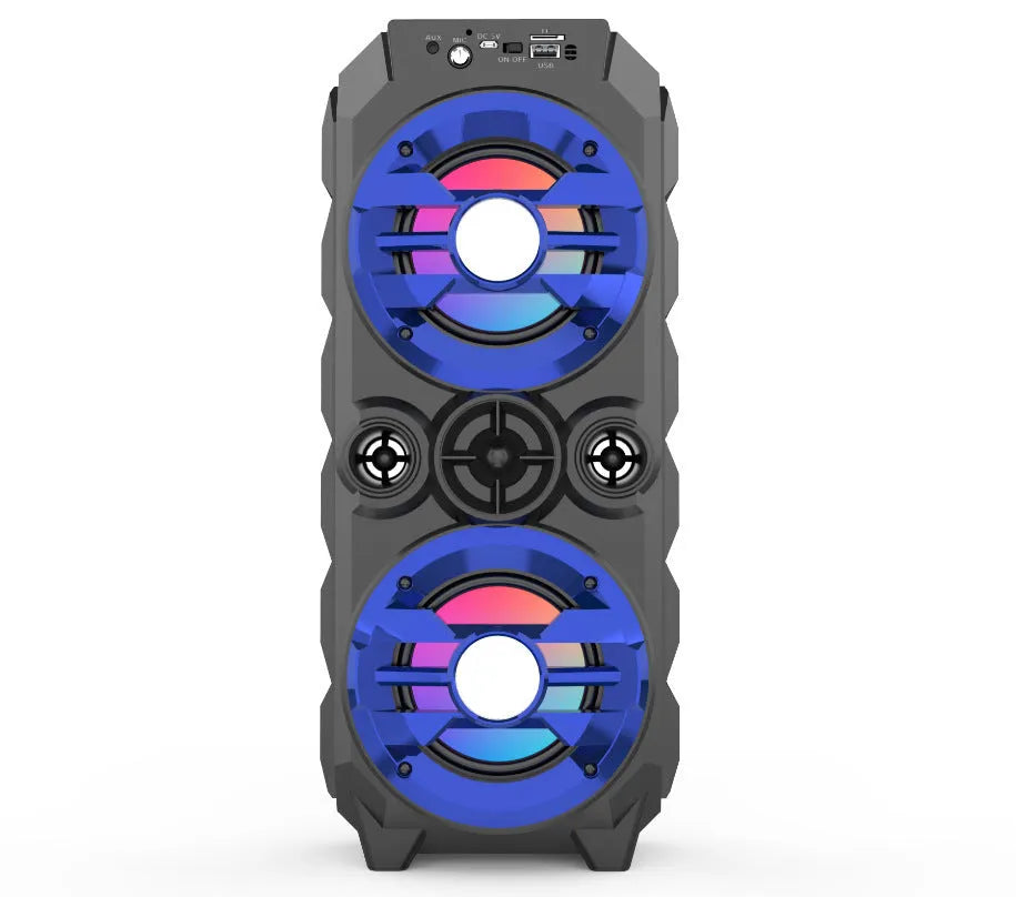 Portable Bluetooth speaker with pull rod handle and colourful LED lights in blue colour option