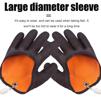 Purple anti-slip fishing gloves with latex coating and magnetic clip for puncture protection in left or right hand, 25cm length