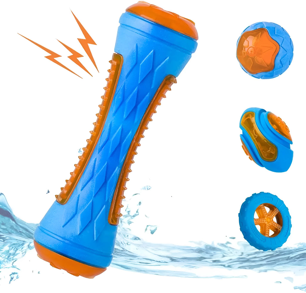 Three TPR floating squeaky dog toys: a red ball, a blue barbell, and an orange tyre.