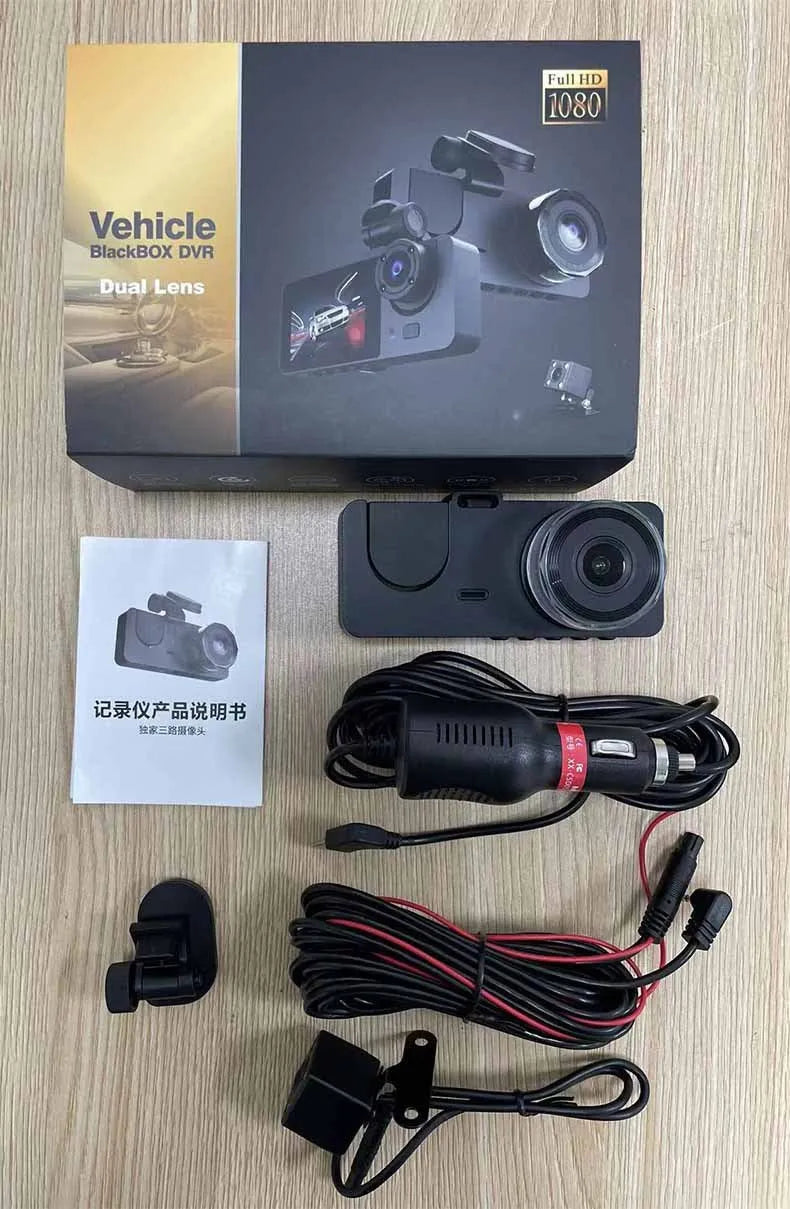 Black HD 1080P car dashcam with touch screen and wide-angle lens for vehicle recording